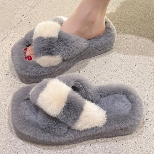 Harssidanzar Womens Fuzzy Slides Fluff Faux Fur Color Cross Slippers Open Toe House Slipper Sandals Indoor/Outdoor KL511US4