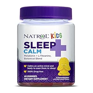 Natrol Kids Sleep+ Calm, Drug Free Sleep Aid Supplement, Calm an Active Mind, Ease to Sleep, Melatonin and L-Theanine, 60 Strawberry Flavored Gummies