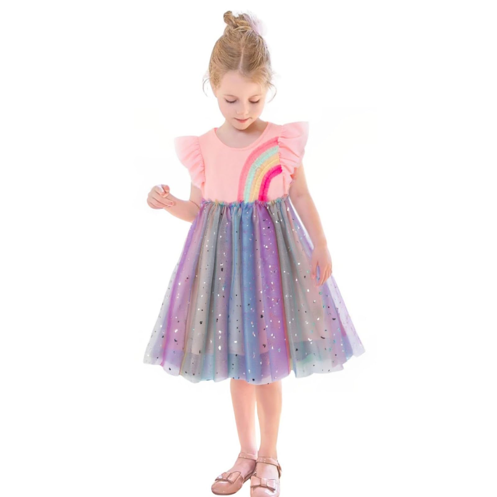 HILEELANG Girl Easter Dresses Short Ruffle Sleeve Cotton Tulle Tutu Birthday Party Dresses