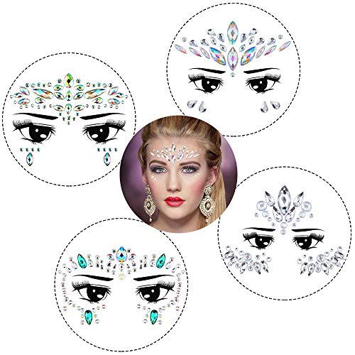 Face Gems, ETRONG 4 Sets Mermaid Face Jewels Festival Face Gems Rhinestones Rave Eyes Body Bindi Temporary Stickers Crystal Face Stickers Decorations for Festival Party
