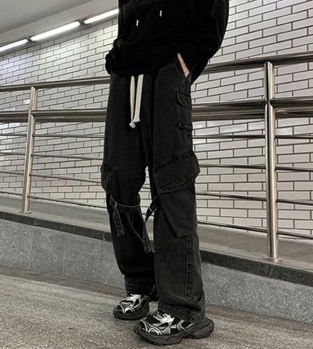 Men's Denim Trousers with Elastic Waist Drawstring Loose Fit Casual Straight Design Wide-Leg Denim Cargo Pants4