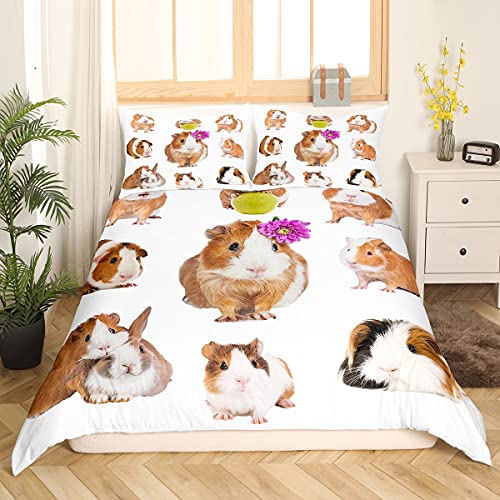 Guinea Pig Bedding Set 3D Animal Pattern Duvet Cover for Kids Boys Girls Cute Guinea Pig Rabbit Printed Comforter Cover Wildlife Bedspread Cover Bedroom Collection 2Pcs Single Size