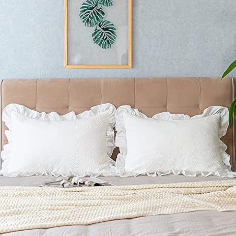 GLORY SEASON Pillow Shams Set of 2 Pure Cotton Champray Ruffled Edge,Thick and Solid Washed Dobby Heavy Fabric (King 20x36 inches) Cover