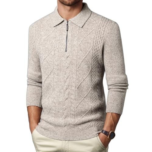 Mens 100% Wool Long Sleeve Polo Sweater Knit Polo Casual Heavyweight Thermal Pullover Sweater