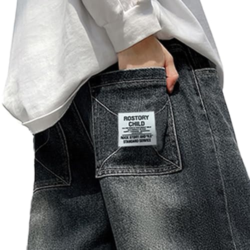 Tween Boys Black Baggy Jeans Elastic Waistband Straight Leg Denim Pants with Alphabet Embroidery Seal4