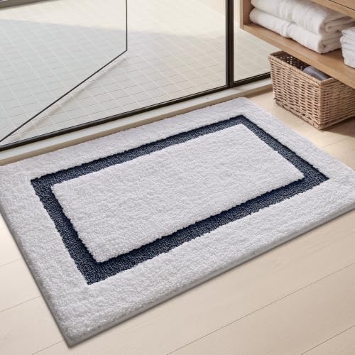 Image of Color&Geometry White Bathroom Rugs 36x24, Extra Soft Absorbent Microfiber Bath Rugs, Non-Slip Bathroom mat, Washable Plush Bath Mats for Bathroom, Shower, Bathtub, Laundry, White Blue