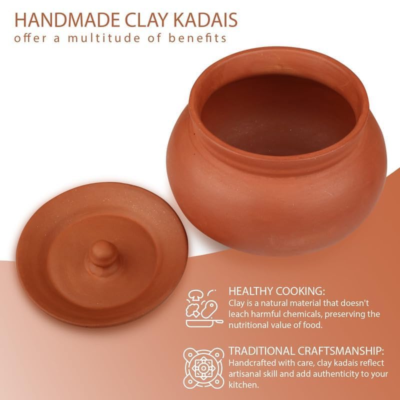 Image of Bhanvi 1000ml Earthen Clay Curd Pot with Lid for Making Curd Chach Lassi Dahi Kadai Handi Mitti Ke Bartan Unglazed Clay Pot Serving Use in Oven Not for Cooking