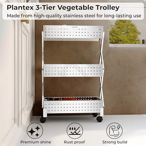 Image of Plantex 3-Tier Vegetable Rack for Kitchen Trolley /Basket for Kitchen Storage /Stainless Steel Multipurpose Storage Fruit,Onion, Potato Storage Stand /Heavy Duty Rolling Utility Cart-(Chrome)