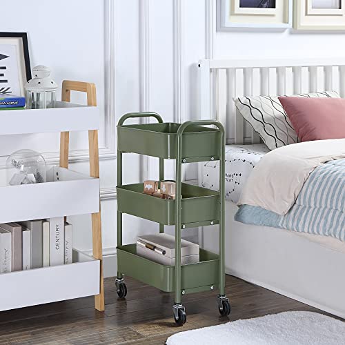 Image of SunnyPoint 3-Tier Delicate Compact Rolling Metal Storage Organizer - Mobile Utility Cart Kitchen /Under Desk Cart with Caster Wheels - Army (15.35 inch X 10.24 inch X 26.8 inchH)