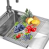 RENOOK Roll up Dish Drying Rack - Stainless Steel Drainer for Kitchen Over The Sink Foldable Drying Rack Multipurpose for Fruits Vegetables Grey 17.7' x 11.1'