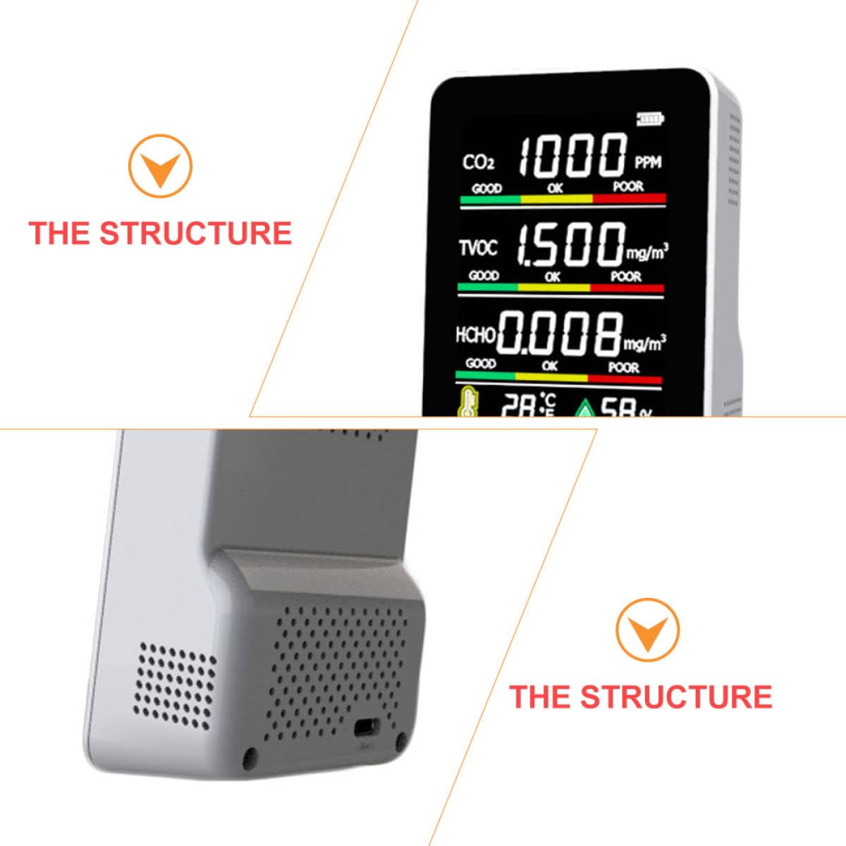 BETOOKY Medidor Portátil y Sensor de de Co2 y Tvoc para Calidad del Aire Batería de 1200ma, Pantalla Lcd para Hogar y Oficina