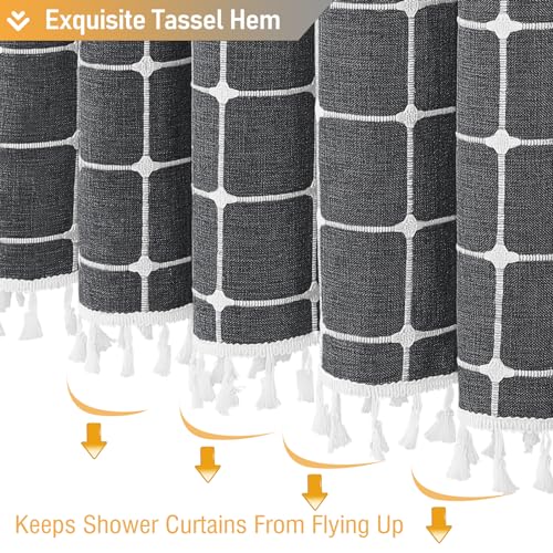Image of BTTN Charcoal Grey Boho Shower Curtain - Linen Rustic Heavy Duty Fabric Shower Curtain Set with Tassel, Farmhouse Bohemian Vintage Country Thick Cloth Shower Curtains for Bathroom - Gray - 72x72