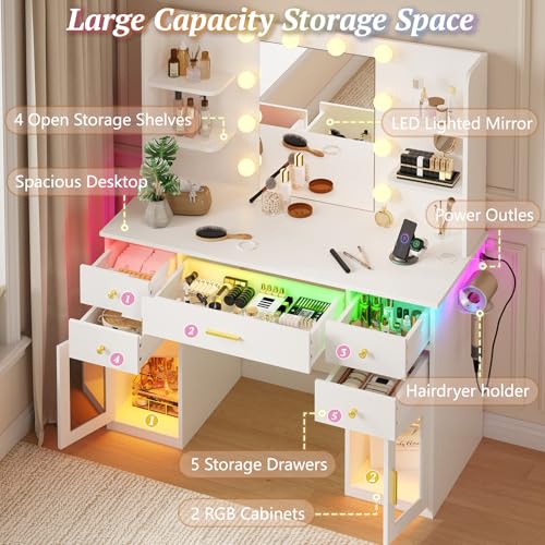 Image of Vanity Desk with Mirror and Lights, Charging Station, Makeup Vanity with 5 Drawers & 4 Open Storage Shelves, White Vanity Table with RGB Cabinets & Hairdryer Holder, Large Dressing Table for Women
