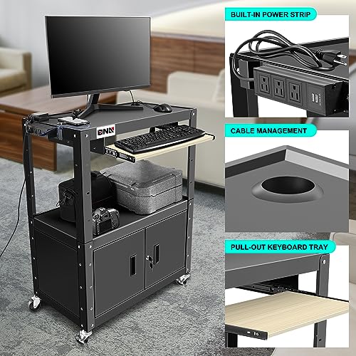 Image of DNA Motoring Steel AV Cart with Extra Storage Cabinet, 30.8 inch x 18 inch x 22 inch-42 inch Height Adjustable Rolling Projector Utility Cart, TOOLS-00293