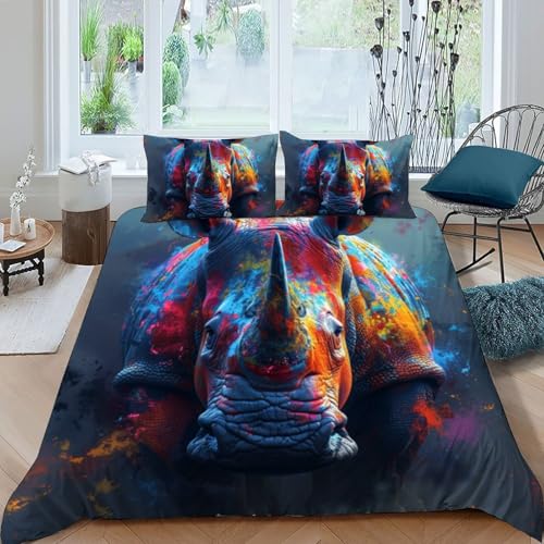 Housse de couette rhinocéros coloré parure de lit microfibre hypoallergénique lit double - 3