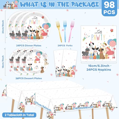 98Pcs Pet Dog Birthday Party Decorations Retro Puppy Themed Tableware with Tablecloth Let's Pawty Party Supplies Vintage Puppy Face Paper Plates Napkins Forks for Kids Baby Shower Birthday Serves 24 by Yiaoyinnz - Used condition - Image 2