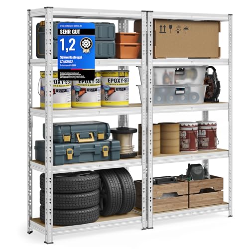 SONGMICS Schwerlastregal, 2er Set, Kellerregal, 40 x 90 x 180 cm, bis 875 kg belastbar, einfache Montage, Lagerregal, verstellbare Ablagen, Lagerregal, silbern GLR455E01