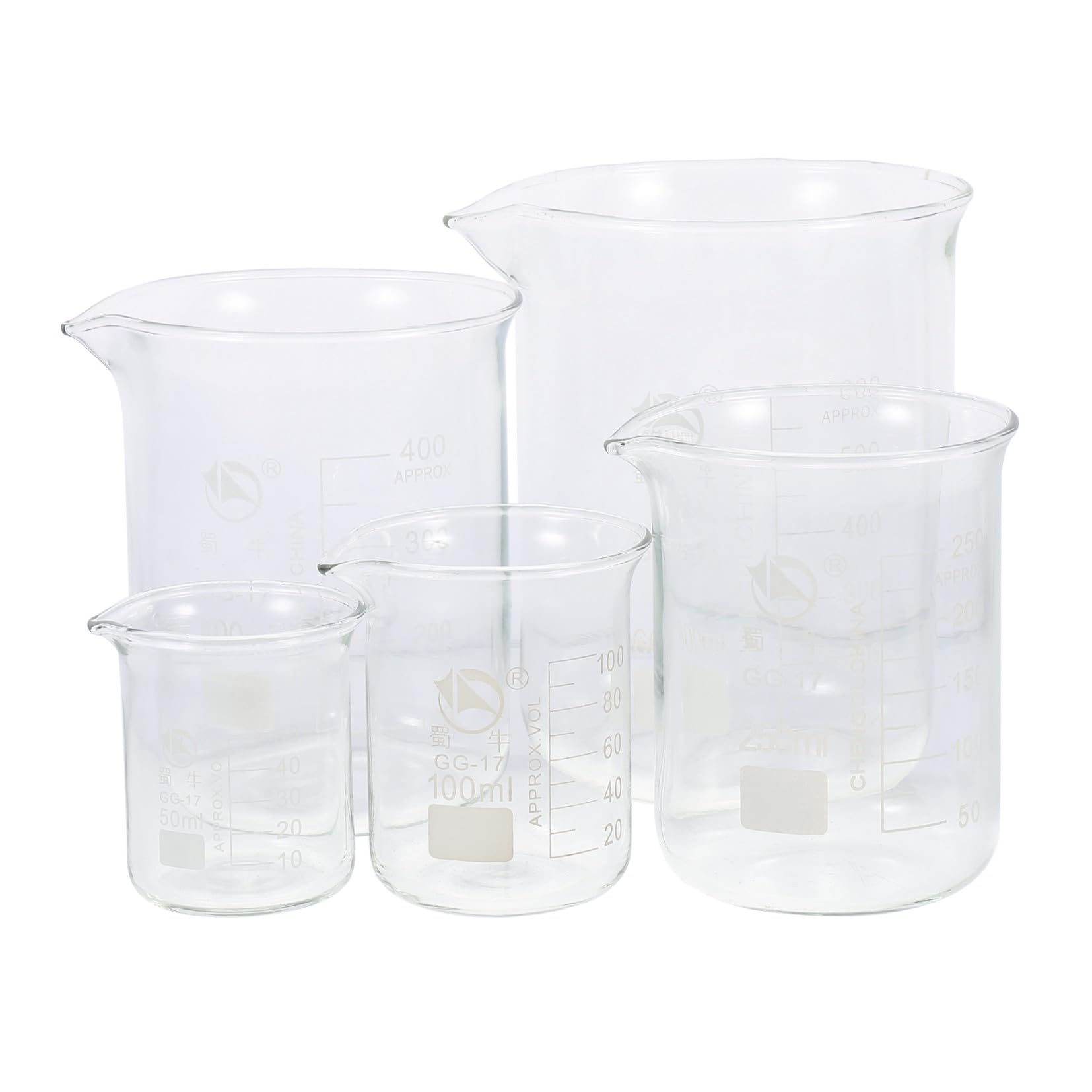 Vaso de Precipitados de Vidrio Transparente 5 Piezas para Laboratorio | Alta Resistencia al Calor, Uso Práctico, Fácil de Lavar, Formato Escala Visible