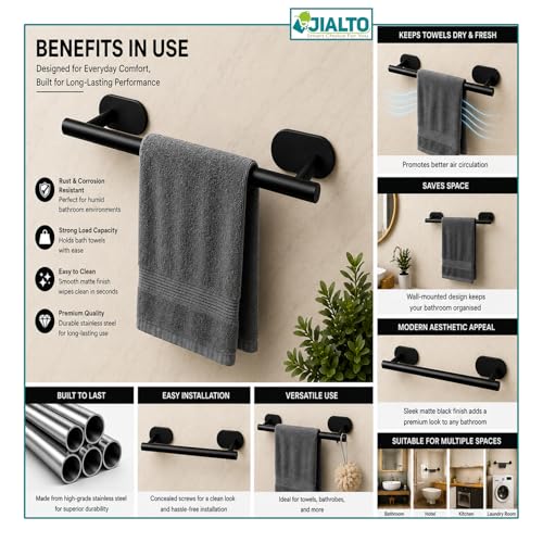 Image of JIALTO 16 Inch Self Adhesive Stainless Steel Towel Bar /Towel Hanger for Bathroom /Wall Mounted Bathroom Towel Holder /Towel Rack for Bathroom /Hand Towel Stand for Kitchen and Washroom (Black)