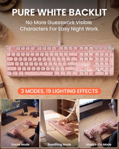 Image of EWEADN Typewriter Style Mechanical Keyboard, Wired Typewriter Keyboards,104 Keys Backlit LED Metal Keyboards, Media Control Knob, Wired Computer Keyboard White Switch for Windows /Mac /PC-Dark Pink