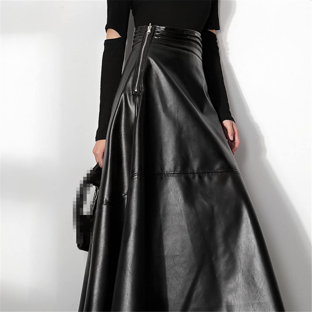Falda Larga de Cuero sintético con Cintura Alta para Mujer, Estilo Retro, Ajustada, de Corte en A, con Cola de pez (Negro, Talla S)