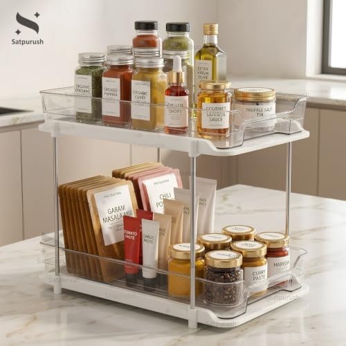Image of Satpurush 2 Tier Kitchen Organizer Rack for Countertop, Space Saving Multipurpose Organiser with Transparent Trays for Spice Jars, Oil Bottles & Containers, Large + Compact, Clear