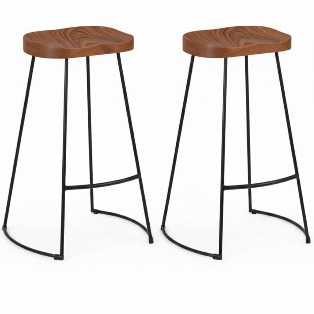 Gavin Bar Stools Set of 2 Solid Acacia Wood Material Live Edge Seat Saddle Design with Powder Coated Iron Frame | Light Walnut Finish Kitchen Counter Stools-image-7