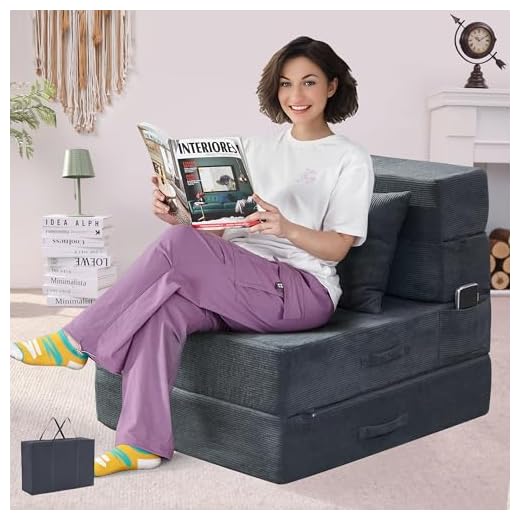 HILERO Folding Sofa Bed, 4 in 1 Convertible Sleeper Chair with Pillow, Single Memory Foam Fold Out Chair Bed, Modern Floor Futon Sofa Couch Mattress for Living Room/Guest/Apartment, Dark Grey