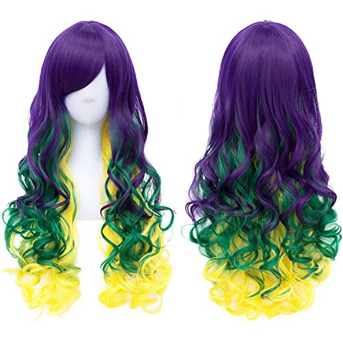 Purple Green Yellow Cosplay Wig Mardi Gras Carnival Party Wig Long Wavy Wig BU150