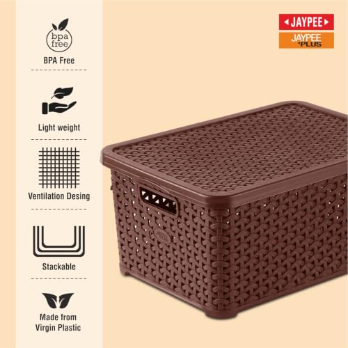 Image of Jaypee Plus Keep all 3 Plastic Storage Basket Organizers With Lid For Kitchen,Fridge, Office Wardrobe, Stationery, Household, Toys & Multipurpose use Pack of 3 Durable Box, Brown