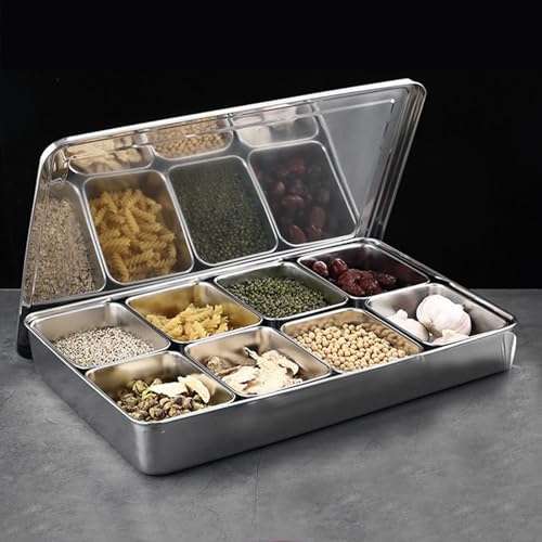 Gewürzbox, Abnehmbare 8 Fächer Edelstahl Gewürzbox Aufbewahrungsbehälter für Gewürze mit Löffel für Zucker Salz Kardamom Zimt Tee Kräuter Küchenutensilien