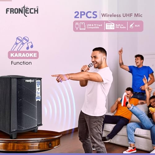 Image of FRONTECH Nocturn Trolley Speaker | 120W Powerful Sound | Dual Wireless Microphones | USB /TF /Bluetooth /FM | Guitar & MIC Input | Rechargeable Battery (SW-0210, Black)