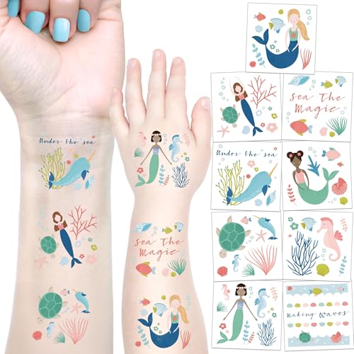 Cheerland Mermaid Temporary Tattoos for Kids Under the Sea Creature Stickers Underwater Arts for Ocean Theme Birthday Decoration Beach Baby Shower Picnic School Rewards Boys Girls Party Favors 108pcs