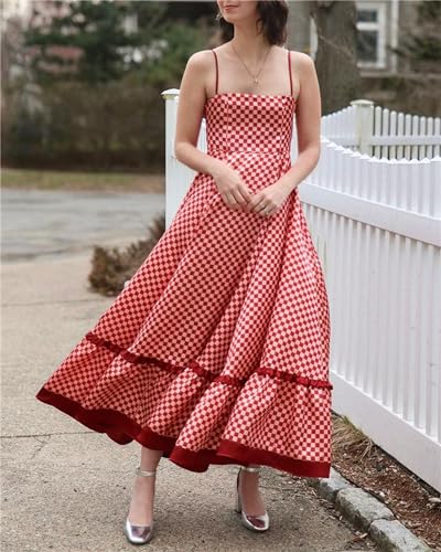 Image of Yuemengxuan Boho Maxi Dresses for Women Spaghetti Strap Flowy Smocked Long Dress Casual Summer Vacation Beach Maxi Dress
