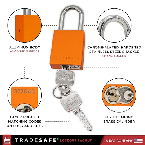 Image of TRADESAFE Lockout Tagout Locks Set - 10 Orange Aluminum Loto Locks, Lock Out Tag Out Padlocks Keyed Alike, 2 Keys Per Lockout Padlock, OSHA Compliant