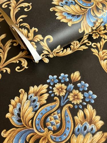 Image of Eurotex Non Adhesive PVC Wallpaper Roll for Home Wall Decor, Wallcovering for Living Room, Bedroom Walls l Luxury Damask Premium Wallpaper Roll (57 sq.ft Roll, 230210-Black)