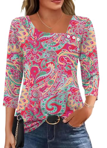 LOMON Womens Plus Size 3/4 Sleeve Blouses Boho Lightweight Asymmetrical Tops Blouses Basic Tees Summer Outfits XXL