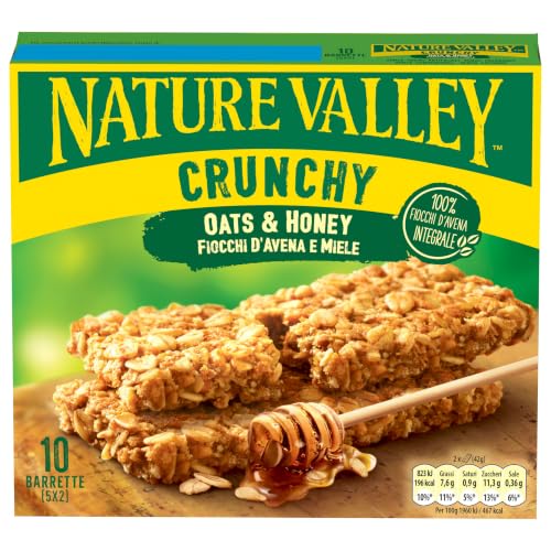 NATURE VALLEY - Barrette Crunchy Fiocchi d'Avena e Miele, 10 Barrette | 5 Monoporzioni da 2 Barrette (42g)