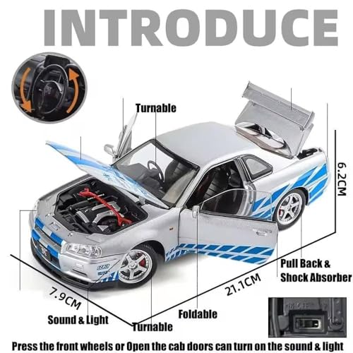 Image of LONGMIRE Metal Pull Back Diecast Car Pull Back Model with Sound Light Boys Gifts Toys for Kids Pack of 1, Multicolor (Nissan Skyline R34)