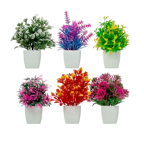 Image of JH Gallery Artificial Flowers, Small Indoor Potted Houseplants for Home Decor, Decoration Items for Living Room, Office and Bedroom, Artificial Plants with Pot (Pack of 6)