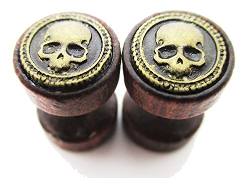 Organic Wood w/Metal Skull Emblem Stud Post Earrings - New - Pair!3