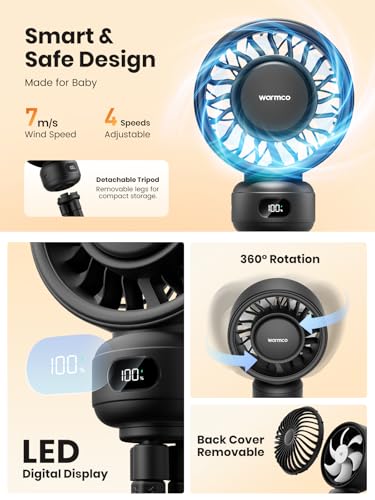 Image of Warmco Portable Stroller Fan, 4000mAh Rechargeable Clip On Fan | Flexible Tripod, Up to 15H, 4 Speeds, LED Display, Detachable Grille, Quiet Operation, for Car Seat, Crib
