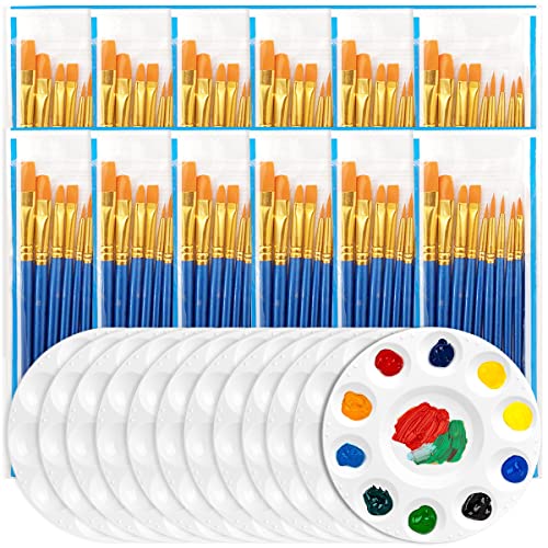 12 Pack Paint Brushes Pallete Set Bulk,120pcs Round Pointed Tip Paint Brushes Nylon Hair Acrylic Paint Brushe with 12pcs Round Paint Tray Pallet for Acrylic Oil Watercolor Face Nail Art Rock Painting