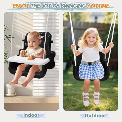 Image of Upgraded Toddler Swing with Tray, Baby Swing Outdoor with Detachable Design, Safety Belt, Foldable Frame for Outdoor & Indoor Use