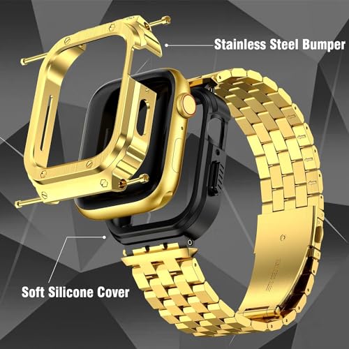 HASLFM Apple Watch Straps Compatible for Apple Watch Series 45mm 9/8/7,Rugged Metal Stainless Steel iWatch Band with Protective Case for Men,Gold - Image 2