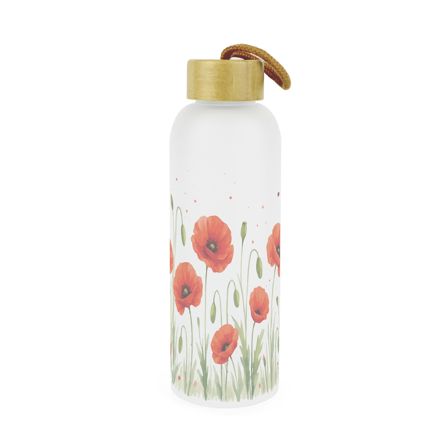 Purely Home Summer Poppies Glass Water Bottle - Floral Drinkware Gifts for Her - Reusable Drinks Bottle with Wooden Screw Lid 750ml