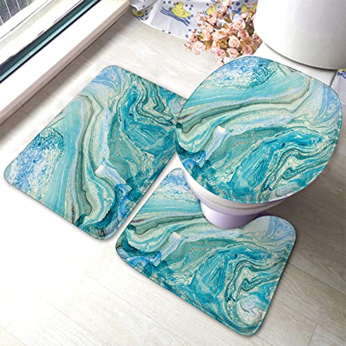 3-teiliges Badezimmerteppich-Set, kreativer Hintergrund mit abstrakten, ölgemalten Wellen, waschbarer Badeteppich, rutschfest, mit Rückenpolster, Konturteppich und Toilettendeckelbezug