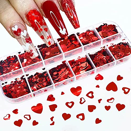 Valentine's Day Stickers Decals Decorate Heart Nail Art Glitter Sequins Romantic Holographic Love Pattern Laser Nail Glitter Sequin 3D Heart Glitter Flakes for DIY Women Acrylic Manicure Supplies-Red