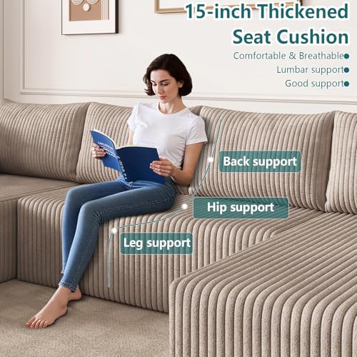 Image of 124 inch U-Shape Cloud Couch, Modern Modular Sectional U-Shape Sofa, Corduroy Boneless Couch Upholstered Couches Deep Seat Sleeper Chaise Longue for Living Room, No Assembly Required,Camel