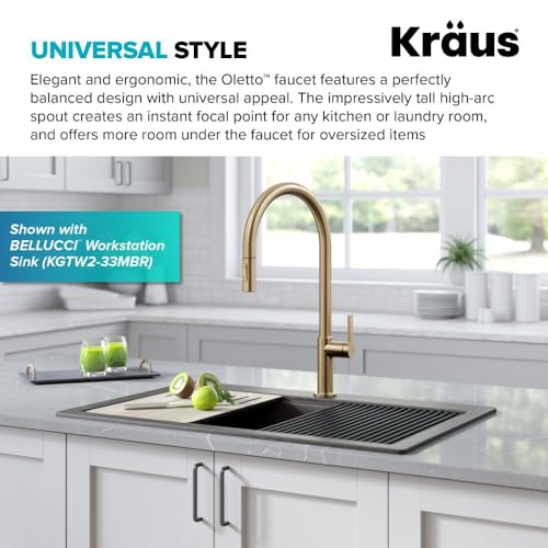 KRAUS Oletto High-Arc Single Handle Pull-Down Kitchen Faucet in Spot Free Antique Champagne Bronze, KPF-2821SFACB